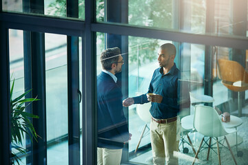 Poster - Collaboration, meeting and planning with business men in boardroom of glass office for discussion. Consulting, feedback and partnership with employee people in corporate workplace for teamwork