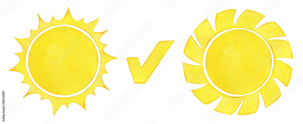 Sun Check Icon Watercolor set of yellow sun and check mark. Symbols of UV Safety ...