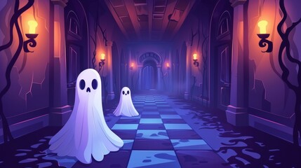 Wall Mural - Halloween dark spooky corridor with ghost couple. Cartoon interior of horror museum. Abandoned fantasy gothic scene with mysterious undead monster. An old temple room game illustration.