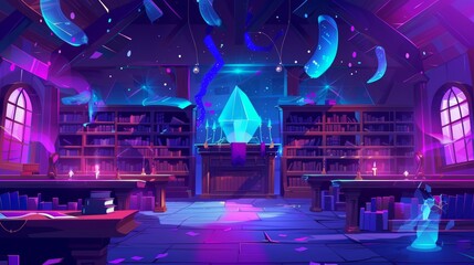 Wall Mural - In this fantasy fairy tale and game mystery education room interior, we see a magic library with wizards and witches, flying books and wands, book shelves and wooden desks. Cartoon modern