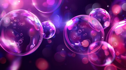 Poster - The background of this game is a realistic pink magic dream soap bubble background with a light reflection on a ball. Abstract glass sphere illustration with floating cleaning orbs on laundry foam