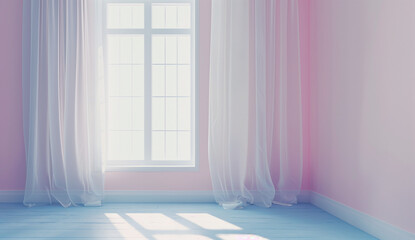 Poster - A pastel pink and blue room with light coming in from the window, white curtains, soft shadows, no furniture, rendered in a hyper realistic style, presented as a close up, front view with high resolut