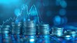 © Nakarin - Closeup of a stack of silver coins with a digital hologram of a financial chart taking off from the top, set against a futuristic blue background