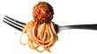 © we3_food - Spaghetti Pasta with meatball on a fork isolated on white background. AI Generative