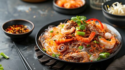 Wall Mural - Spicy Glass Noodle Salad,mixed shrimp with minced pork and squid. AI Generative