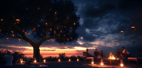 Wall Mural - An enchanting night view, the fire table casting a warm, inviting glow on the faces of friends gathered around, the tree silhouetted against the night sky.