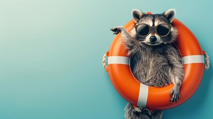 Wall Mural - Raccoon in sunglasses holding a lifebuoy on a blue background