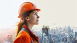 © Ajay - Portrait of female engineer or architect wearing safety helmet and looking at the city. Copy space.