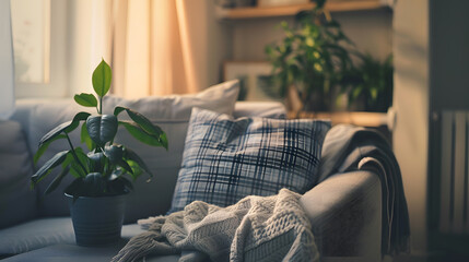 Poster - Living room with scandinavian interior comfortable couch with pillows and soft plaid near window green plant in pots and picture on wall shelf Stylish apartment with design in light to : Generative AI
