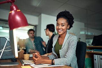 Canvas Print - Smile, computer and portrait of black woman in office for creative research with project online. Happy, technology and African female copywriting editor working on web design on pc in workplace.