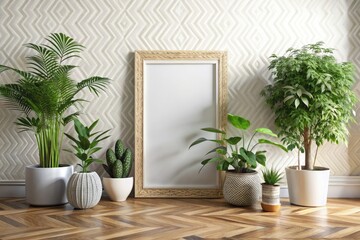 Wall Mural - Interior of modern living room with empty picture frame and houseplants