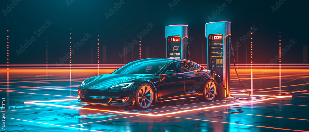 Futuristic Electric Car at Charging Station, with glowing lines and ...