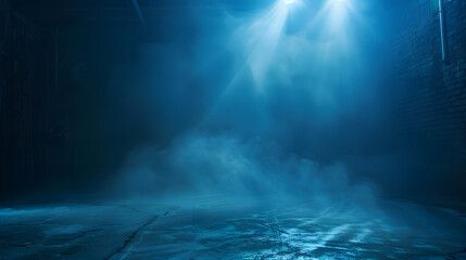Poster - A dark empty street dark blue background an empty dark scene neon light spotlights The asphalt floor and studio room with smoke float up the interior texture night view : Generative AI