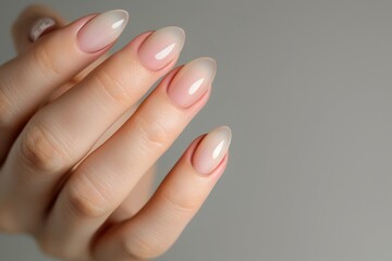 Close-up of a woman's hand with an elegant neutral manicure. Beautiful light pink gel nail polish on rectangular nails