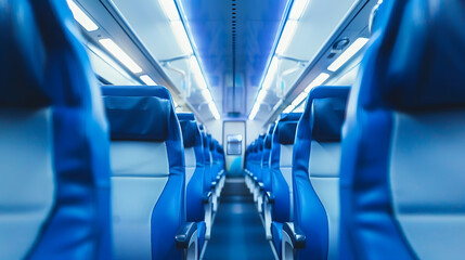 Aufkleber - Empty cabin of a modern passenger train Empty blue seats inside train cabin corridor view no people Modern european economy class fast train interior Inside of high speed train compart : Generative AI