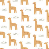 Fototapeta  - Seamless pattern with cartoon giraffe, decor elements. colorful vector for kids. hand drawing, flat style. Baby design for fabric, print, textile, wrapper