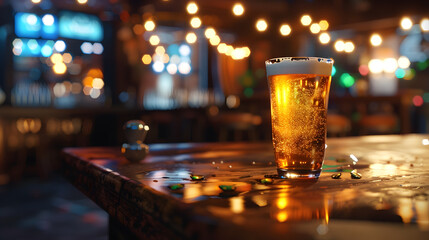 Aufkleber - interior of evening pub beer on the table in the evening bar : Generative AI