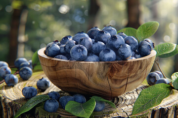 Canvas Print - A bowl of blueberries is on a log with green leaves