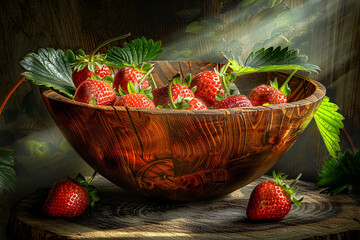 Canvas Print - A bowl of strawberries is sitting on a wooden table