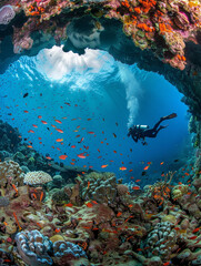 Wall Mural - A diver is swimming in a coral reef with many fish