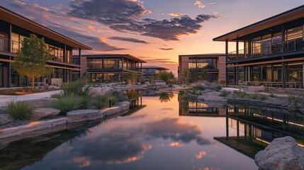 Wall Mural - An office park at sunset, each building designed with natural wood and stone materials, and large ponds reflecting the warm sky, creating a serene work environment close to nature. 