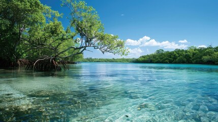 Canvas Print - On a stunning sunlit day the mangrove forest shimmers alongside crystal clear waters