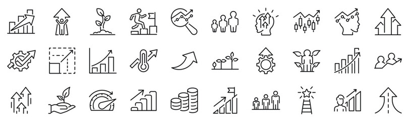 set of 30 outline icons related to growth. linear icon collection. editable stroke. vector illustrat