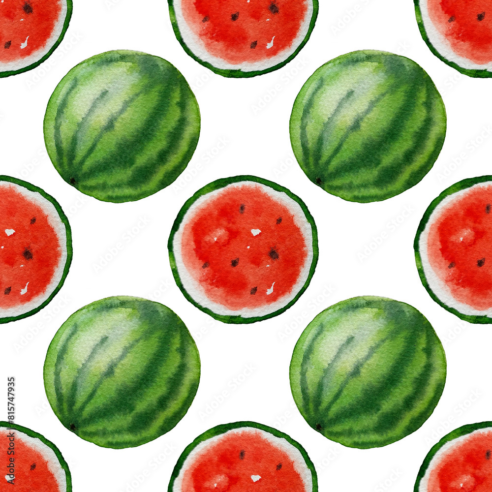 Seamless watermelon pattern, isolated on white background, watercolor ...