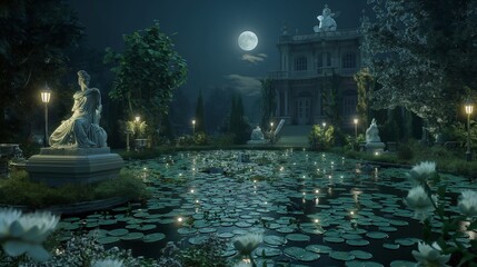 Wall Mural - An opulent mansion garden under the moonlight, showcasing a classical statue collection amidst a symphony of water lilies in a large ornamental pond.