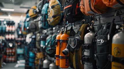 shop display showcasing a wide range of diving equipment, from masks and fins to tanks and regulators, in a well-lit store
