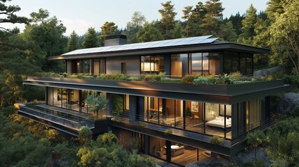 Wall Mural - An ultra-modern, energy-efficient home exterior with solar panels, green roofs, and smart home technology, integrated seamlessly into a natural, wooded setting. 32k, full ultra hd, high resolution