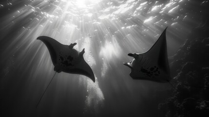 Wall Mural - swimming alongside majestic manta rays, their silhouettes visible against the sunlit waters of the ocean