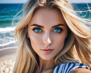 Wall Mural - 
Portrait of a beautiful blue-eyed blonde in front of the ocean