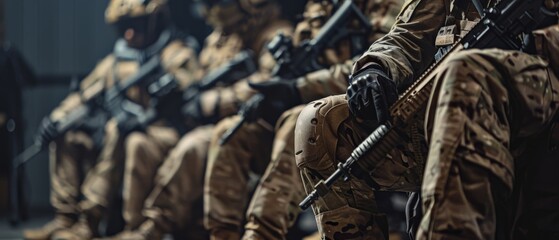 A soldier in full combat gear is kneeling while holding a rifle.