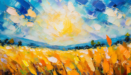 Wall Mural - Abstract oil painting of golden wheat field under blue beautiful sky with white clouds. Hand drawn