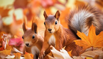 Canvas Print - closeup portrait of adorable squirrels amidst autumn foliage capturing the beauty and playfulness of wildlife in nature playground