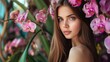 © Nijat - A beautiful blue-eyed long-haired brown-haired woman stands on a background of exotic plants and pink orchids.Beauty, fashion, cosmetology, natural, nature, natural, spa, detox, plants.
