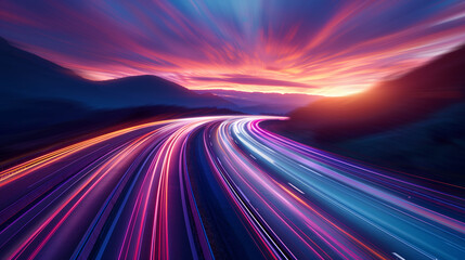 Canvas Print - Dynamic Sunset Light Trails on Highway with Mountain Silhouette