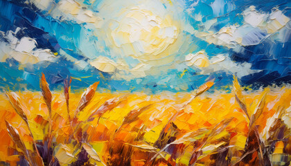 Abstract oil painting of golden wheat field under blue beautiful sky with white clouds. Hand drawn