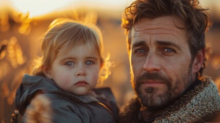 It's a blurry background as a young dad holds his little daughter in his arms.