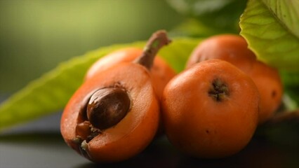 Canvas Print - Loquat fruit or Japanese medlars, Nispero, Eriobotrya japonica fresh ripe bio vegetarian food, loquats, medlar berries. Close up, slow motion. 