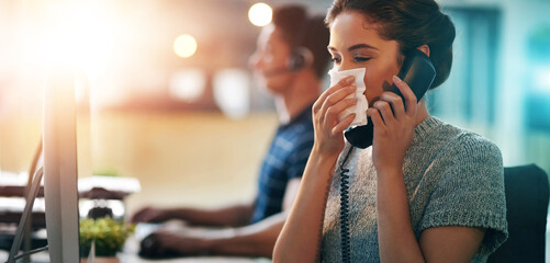 Sticker - Sick, phone call and woman blowing nose in office for allergies, virus or flu. Lens flare, call center and female employee with tissue on telephone with client for disease, infection or sneeze