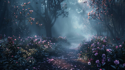 Canvas Print - Dark Enchanted Forest Path with Luminous Flowers and Mist  