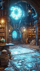 Canvas Print - Ancient Wizard's Library with Mystical Artifacts and Magical Books