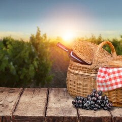 Poster - Glass and bottle of wine for picnic outdoor