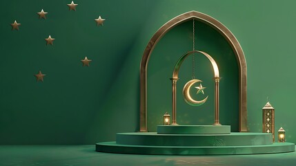 Islamic Podium with Traditional islamic lantern with Crescent moon star hanging on green background