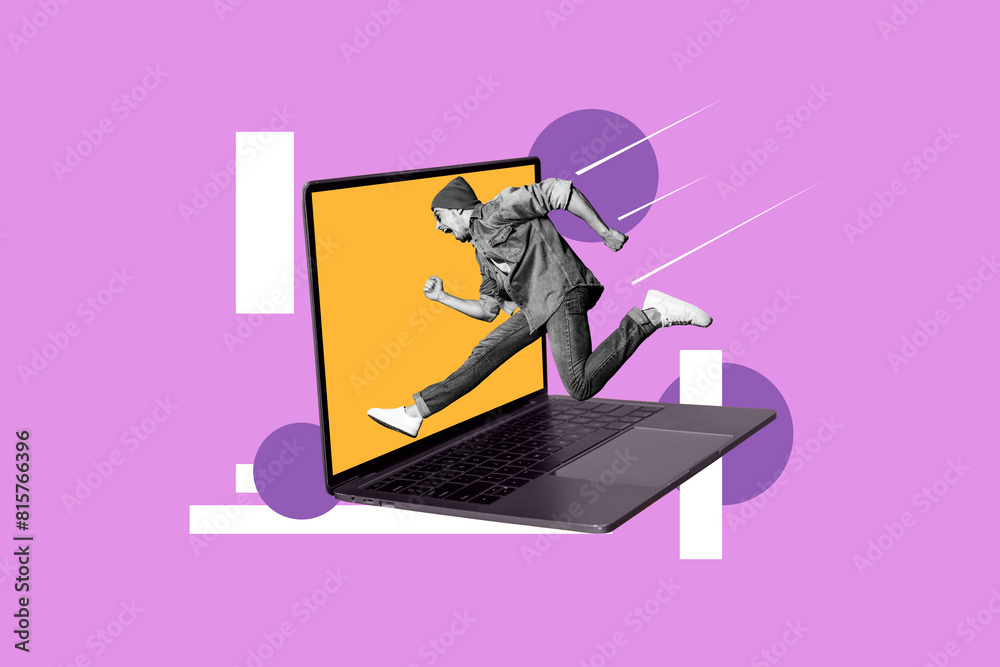 Macbook Style Background Стокове фото Composite photo collage of crazy guy run wear denim outfit ...