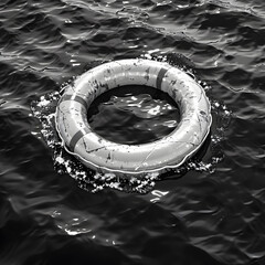 Wall Mural - aesthetic neutral Life Preserver Floating in Water. monochromatic aesthetic images. 