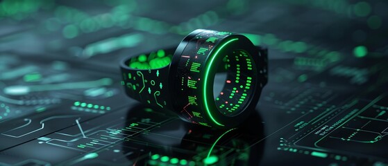 Wearable health monitors, futuristic design, tracking vital signs, 3D render, sleek black and neon green