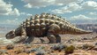 © Thaniya - Ankylosaurus in expansive desert landscape with dramatic sky. Armored dinosaur with spikes moving across sandy ground. Mountains and clouds in background creating. vastness and ancient wilderness.